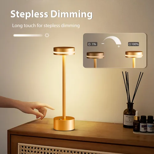 Vista 4 de Lámpara de mesa inalámbrica recargable dorada moderna, lámpara táctil de aluminio y batería operada de 4000mAh, lámparas de mesa LED de 3000K
