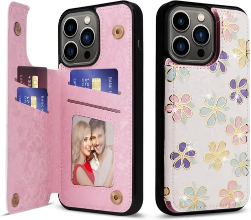 Vista 8 de UEEBAI Funda tipo cartera para iPhone 13 con tarjeteros, piel sintética, diseño floral, función atril, bloqueo RFID, doble cierre magnético, funda