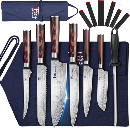 Vista 9 de SYOKAMI Juego de cuchillos de chef de 14 piezas con bolsa enrollable, juego de cuchillos japoneses profesionales de acero inoxidable con mango