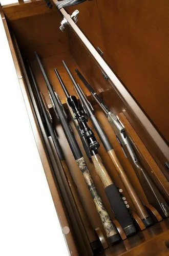 Vista 2 de Banco largo de almacenamiento de armas, atractivo gabinete multifuncional con cerradura, compartimento oculto para rifle de pistola y escopeta