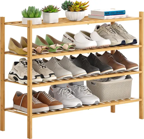 Vista 11 de Zapatero de bambú apilable para zapatos, organizador de almacenamiento para unidad, entrada, pasillo y armario, estante resistente independiente
