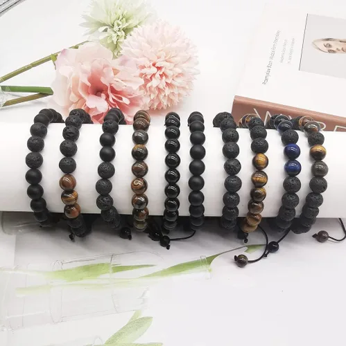 Vista 7 de MOZAKA - 10 pulseras con cuentas de piedra natural de lava de 0.315in para hombres y mujeres, hematita de ojo de tigre, cuentas de ónix negro mate