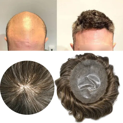 Vista 380 de Toupee para hombre 100% cabello humano real tupé para hombres 0.004 in piel de poliuretano para hombre, sistema de reemplazo de piezas de pelo