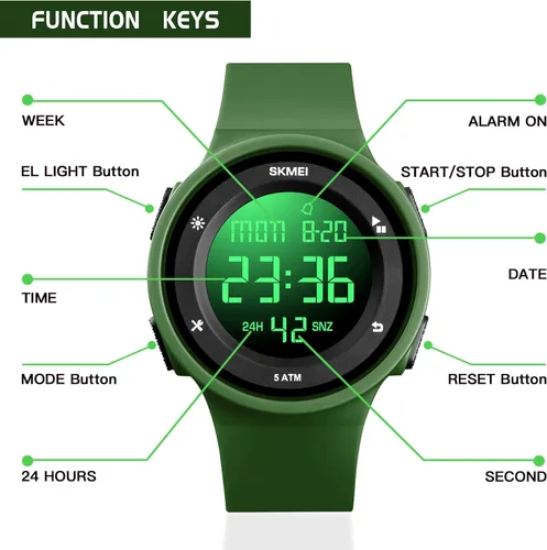Vista 5 de SKMEI Reloj digital para hombre, reloj deportivo digital, resistente al agua, para hombre, con cronómetro, alarma, cuenta regresiva, doble hora