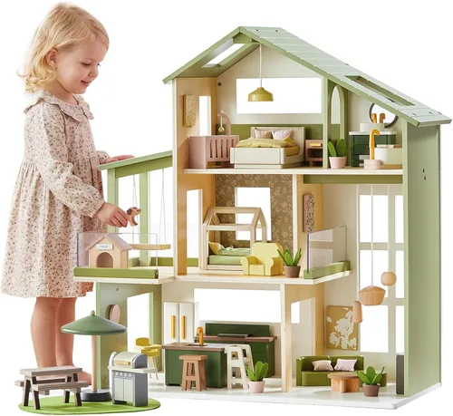 Vista 10 de Tiny Land Casa de muñecas, casa de muñecas familiar moderna con diseño realista, casa de muñecas de madera con muebles de 53 piezas, regalo ideal