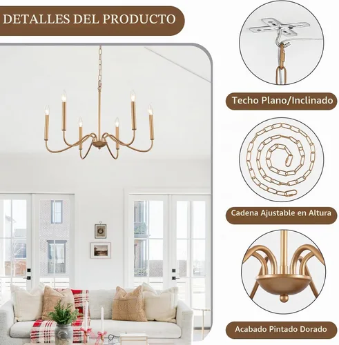 Vista 3 de Candelabro de 6 luces enchufables, lámpara colgante con cable de enchufe de 15.1 pies e interruptor, candelabros dorados enchufables para comedor
