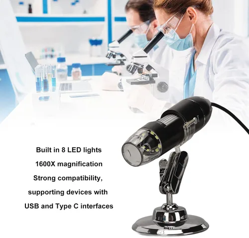 Vista 3 de Microscopio digital USB, aumento de 50X a 1600X con luz LED, portátil para teléfono inteligente y computadora, material ABS