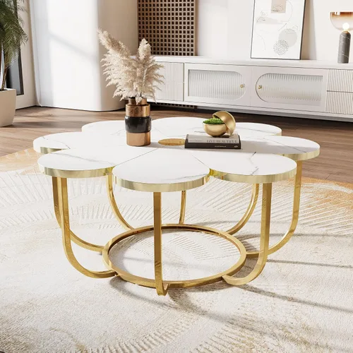 Vista 3 de Tribesigns Mesa de centro blanca y dorada, moderna mesa de centro en forma de flor con mesa de mármol sintético, mesa central floral de 39.37