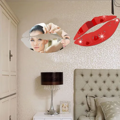 Vista 3 de 2 juegos de calcomanías de pared 3D con espejo de labios grandes, calcomanías de pared en forma de beso, murales de acrílico autoadhesivos