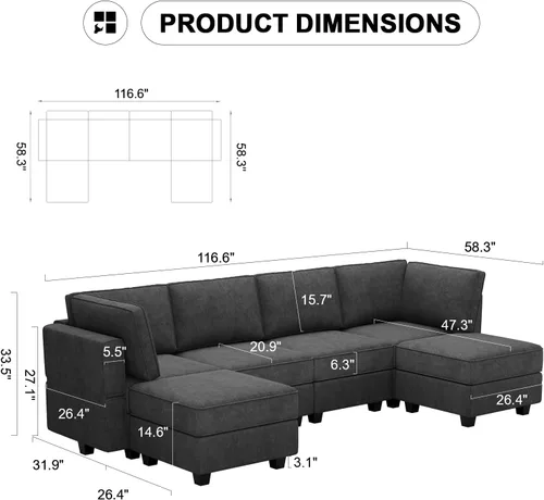 Vista 2 de Belffin Sofá en forma de U Sofá modular reversible de almacenamiento otomano Sofá de 6 plazas sofás grandes Sofá en forma de U Negro