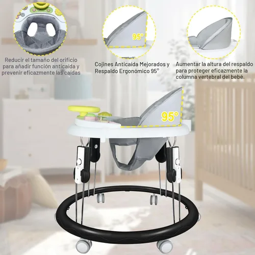 Vista 3 de Andador plegable para bebés con ruedas, caminantes portátiles 5 en 1 para Altura ajustable, bandeja de música, 2 asientos lavables, reposapiés