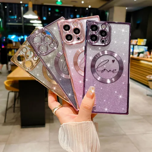 Vista 6 de Funda magnética con purpurina para iPhone 13 Pro Max, funda transparente con diseño de corazón de amor, compatible con MagSafe para mujeres y niñas
