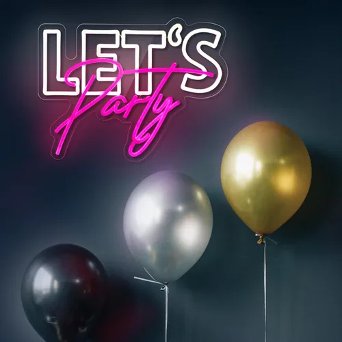 Vista 2 de Letrero de neón con texto en inglés "Let's Party", para decoración de pared, decoración de fiesta, luces LED de neón regulables por USB