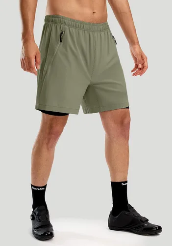Vista 2 de Bikewa Pantalones cortos de ciclismo de montaña para hombre, con acolchado 3D, ajuste holgado, con bolsillos con cremallera