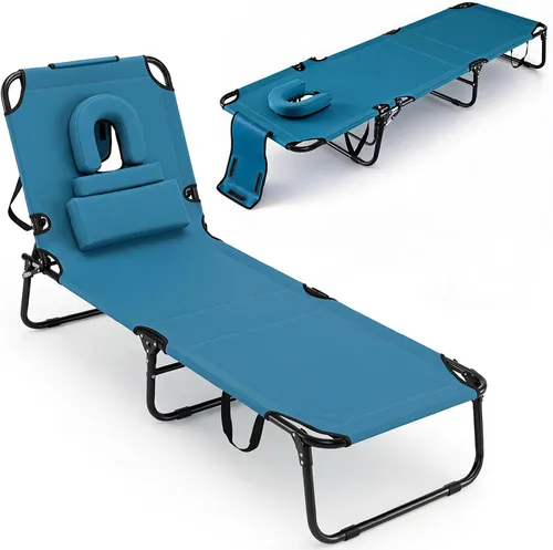 Vista 10 de GYMAX Silla de bronceado, silla de playa de 350 libras con agujero para la cara, almohada lavable y correa de transporte, tumbona plegable Ártico