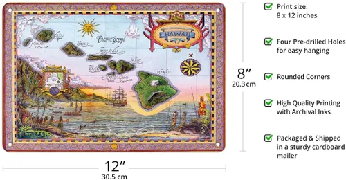 Vista 2 de Pacifica Island Art Map of Old Hawaii - The Islands of Hawaii - Mapa vintage de Steve Strickland - Cartel de metal vintage de 8 x 12 pulgadas