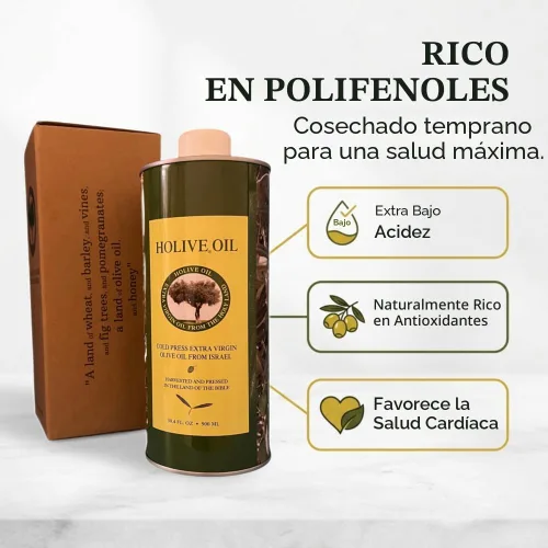 Vista 4 de HOLIVE Aceite de oliva de Israel Virgen extra Primera prensa en frío y cosecha temprana Rico en polifenoles Baja acidez premium AOVE sin
