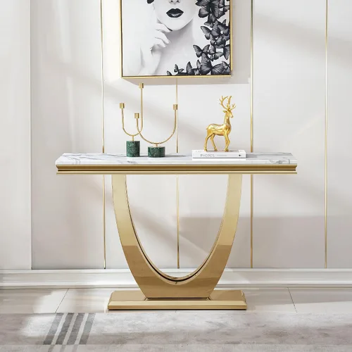Vista 14 de Mesa consola moderna de cristal, mesa de sofá dorada de 55 pulgadas con marco de metal resistente y parte superior de vidrio templado negro