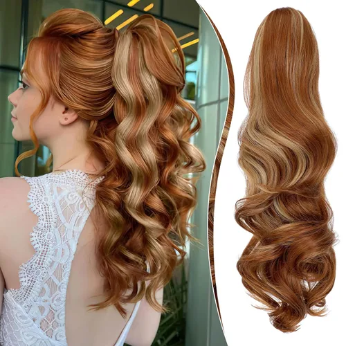 Vista 17 de Felendy Extensión de cola de caballo de 18 pulgadas, mezcla de rubio ceniza, marrón oscuro, rizado, ondulado, con clip, extensiones de cabello largo