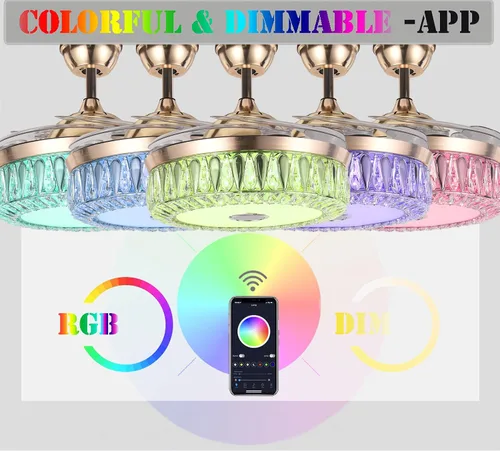Vista 4 de Ventilador de techo de cristal moderno de 42 pulgadas con control remoto retráctil inteligente Bluetooth dorado con 7 luces RGB regulables