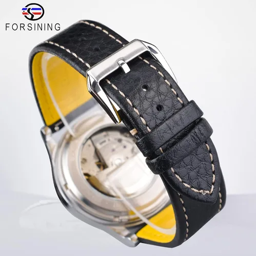 Vista 6 de FORSINING Reloj mecánico retro reloj automático con esfera panda de fecha automática reloj de pulsera de acero inoxidable con correa de cuero negro
