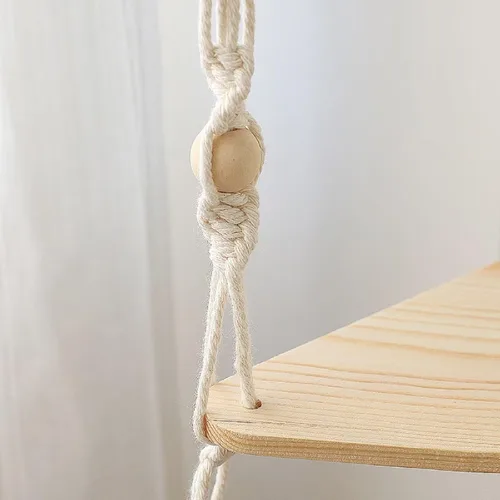 Vista 4 de Estante colgante de macramé, estante colgante triangular de madera de 2 niveles, hecho a mano, estantes esquineros de cuerda tejida a mano, estante