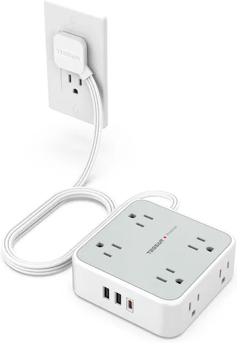 Vista 9 de TESSAN - Tira de alimentación con protector de sobretensiones, cable de extensión plano de 5 pies con 8 salidas de CA, 3 puertos USB (1 USB C), Gris