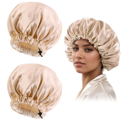 Vista 28 de Gorro de seda de satén para cabello rizado, gorro trenzado para dormir, para mujer, grande, doble capa ajustable (2 unidades, negro) Double Layer