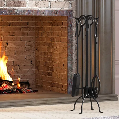 Vista 4 de Fire Beauty Juego de herramientas para chimenea de 5 piezas, juego de herramientas de hierro forjado resistente, color negro