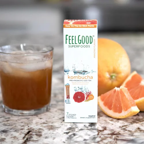 Vista 3 de FeelGood Superfoods Kombucha - Paquetes de té helado, delicioso sabor a pomelo, refrescante bebida instantánea en polvo de kombucha gaseosa