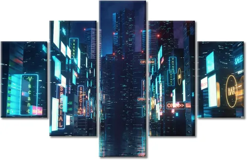 Vista 112 de Cuadros de 5 paneles de Cyberpunk City, arte de pared, representación de vallas publicitarias, edificios modernos en la capital con obras de arte