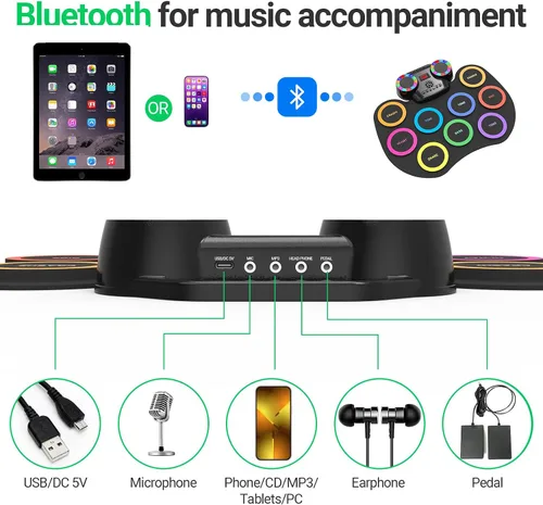 Vista 6 de ROCKSOCKI Juego de Tambor Electrónico de 9 Almohadillas con Luces LED, Kit de Tambor Electrónico Portátil Bluetooth, Almohadilla de Práctica
