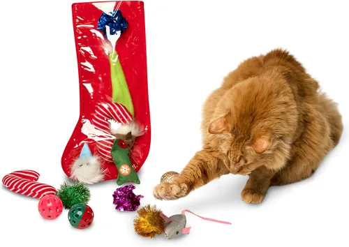 Vista 3 de Midlee Juego de regalo de juguete para gatos con calcetines navideños (14 juguetes) - Bastones de caramelo, campanas, ratones y gatitos