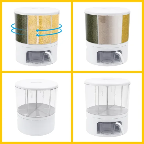 Vista 5 de Dispensador de cereales, Dispensador de grano giratorio de 360 ° de 6 rejillas, Dispensador de arroz transparente de tamaño de compartimento 24