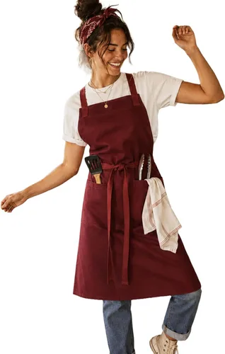 Vista 19 de Delantal de cocina 100% algodón con 2 bolsillos, delantal de chef ajustable para cocinar, hornear barbacoa, delantal unisex