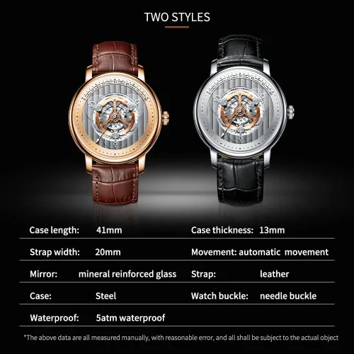 Vista 5 de GLENAW Automatic Watches for Men, Waterproof Watches for Men Dial Leather Band Skeleton Mechanical Watch 3 Transparent Hour Hand Wave