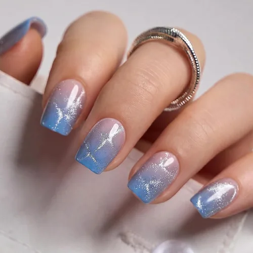 Vista 52 de CurvLife Uñas postizas cuadradas cortas a presión, terciopelo degradado Paris Script