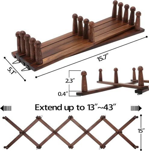 Vista 3 de SCUNDA Perchero de pared expandible, perchero de acordeón de madera para sombrero, abrigo, taza (14 ganchos + 16 ganchos)