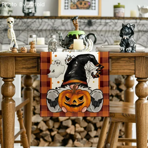 Vista 2 de Artoid Mode Camino de mesa de Halloween, gnomo, murciélago, calabaza, fantasma, naranja, búfalo, búfalo, decoración de mesa de comedor para fiesta