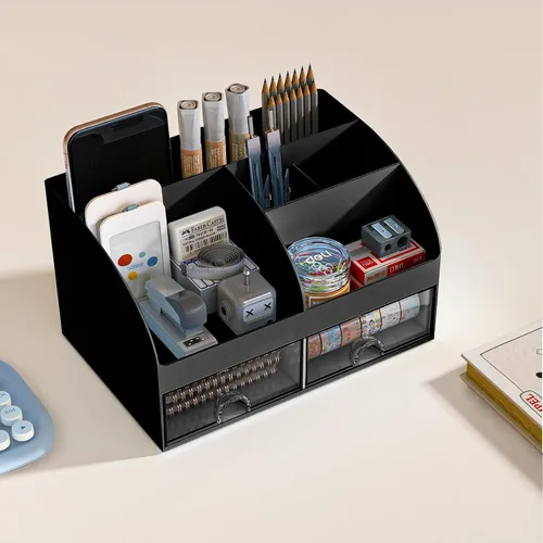 Vista 3 de Organizador de escritorio con 6 compartimentos y 2 cajones, organizador de maquillaje de plástico, soporte para bolígrafos para almacenamiento
