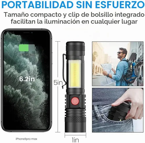 Vista 7 de Linterna recargable por USB, linternas magnéticas LED, linternas tácticas súper brillantes con luz lateral mazorca, impermeable, zoomable, 6 modos