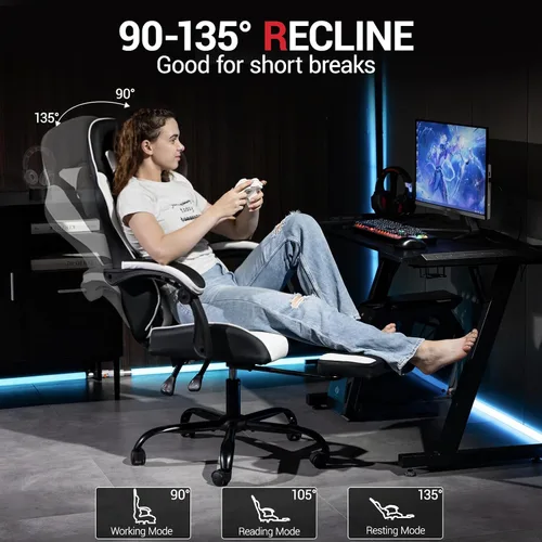 Vista 6 de Silla de juegos con reposapiés para adultos, silla de videojuegos de piel sintética con soporte lumbar de masaje para hombres y mujeres, silla