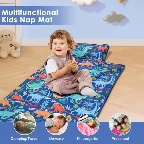 Vista 5 de Colchoneta portátil para siesta para niños con almohada extraíble y manta para niñas y niños, saco de dormir ligero extra grande para preescolar