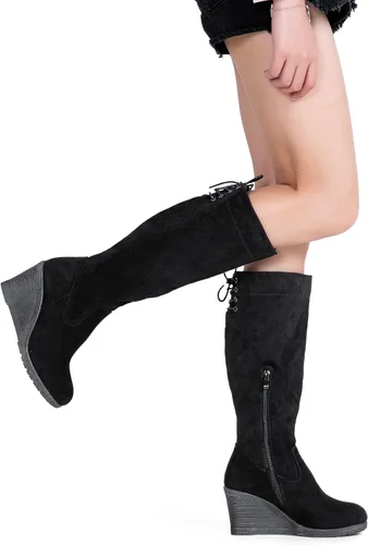 Vista 3 de Vepose Botas altas hasta la rodilla 9651 para mujer, de moda, con tacón de cuña, botas de pantorrilla para mujer