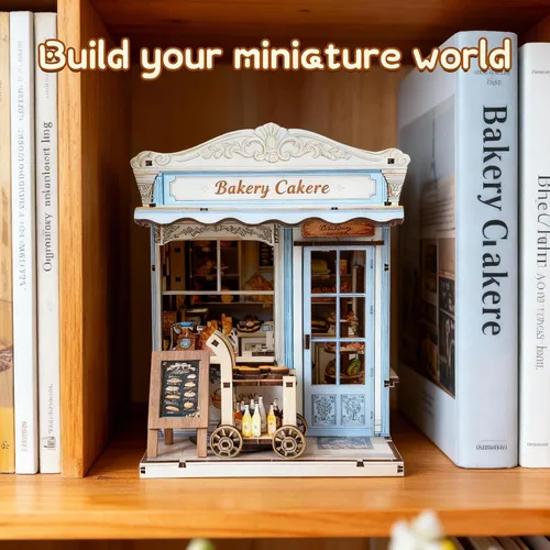 Vista 6 de Kit de construcción de casa en miniatura DIY, kit de rincón de lectura de panadería, rompecabezas de madera en 3D para estanterías, kit de casa