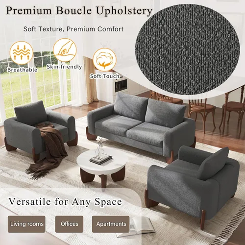 Vista 7 de Moderno juego de sofá de 3 piezas, 1 sofá biplaza y 2 sillones, juego de muebles modulares de sala de estar, tapicería Boucle, marco de sofá