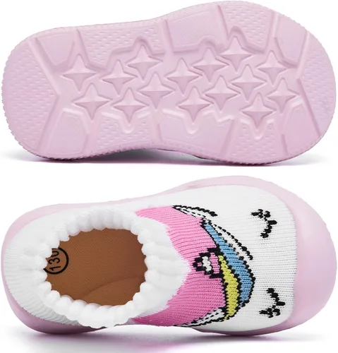 Vista 2 de MORENDL Zapatos de calcetín para caminar para bebé, 2 pies pequeños, pantuflas para niños pequeños, niñas y niños, suela suave, antideslizante