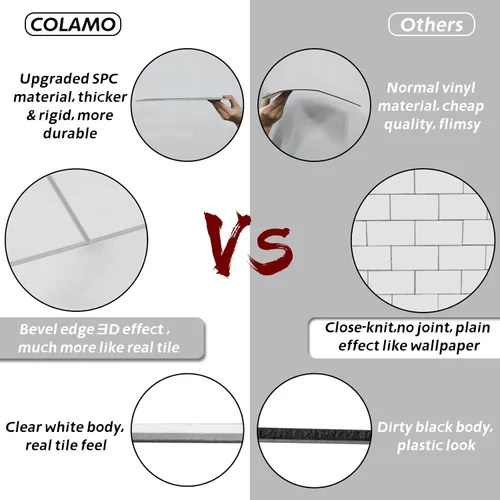 Vista 7 de COLAMO Protector contra salpicaduras de lujo de 10 hojas que se despega y pega, azulejo de metro blanco de piedra sintética autoadhesiva de 12"x12