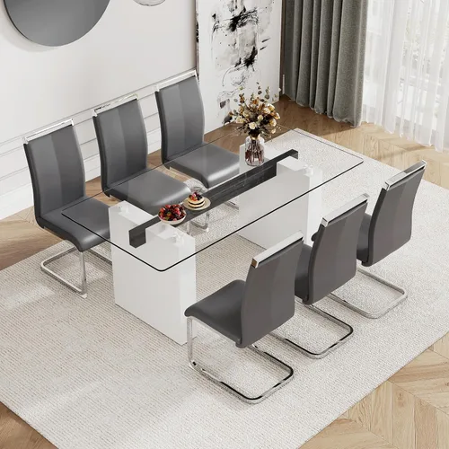 Vista 17 de Juego de mesa de comedor de vidrio de 71 pulgadas para 6, mesa de comedor para 6, mesa de vidrio templado con marco de MDF blanco y 6 sillas