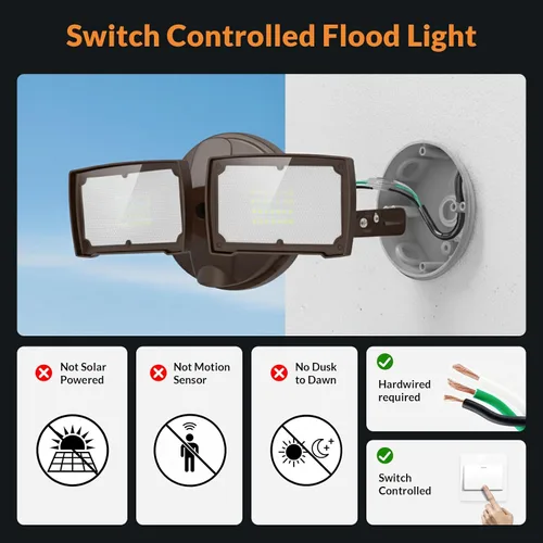 Vista 2 de LEPOWER Luz de inundación LED de 3000LM para exteriores, luz de seguridad LED controlada por interruptor, luces exteriores de 28 W con 2 cabezales